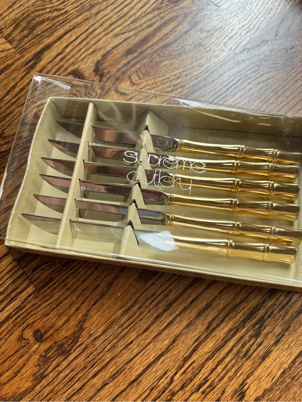 Vintage Gold Bamboo Handle Steak Knives Set - 6 Piece